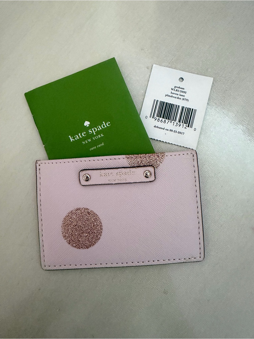 kate spade Pale Pink Card Holder with Rose Gold Glitter Dot